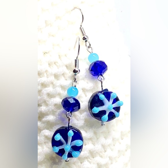 Cobalt Sky Blue and White Lampwork Glass Snowflake with Crystal & Jade Earrings - Picture 1 of 4